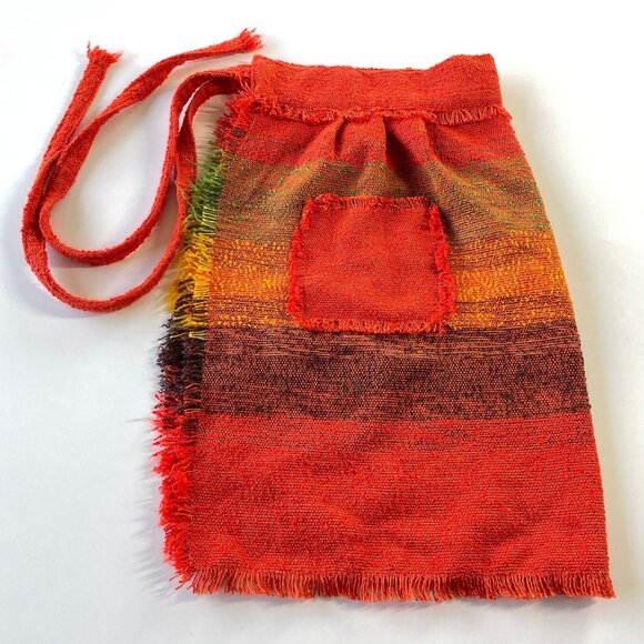 Vintage 80s handmade half apron, orange yellow stripes, woven apron - Picture 2 of 8